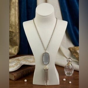 Kendra Scott Gold Tone Rayne Long Pendant Necklace in Grayish White Cat's Eye